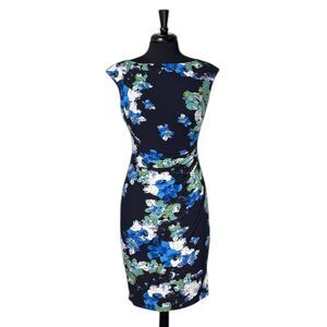 Ralph Lauren Women's Dress Blue Green Floral Faux Wrap Boat Neck Ruched Sheath 6